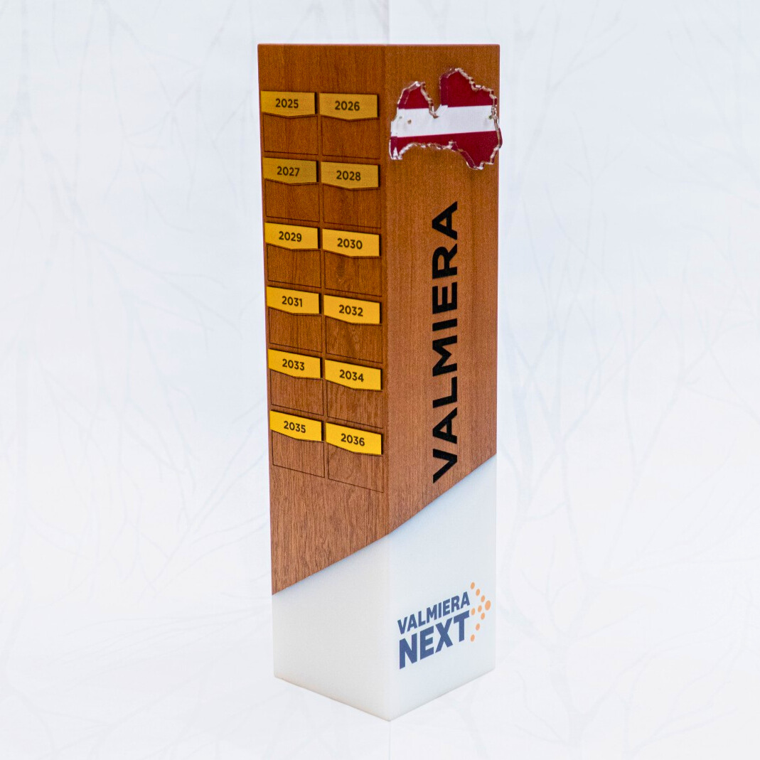 Custom Wood & Epoxy Traveling Trophy – "Valmiera NEXT"